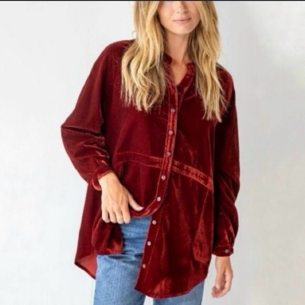 Natural Life Laid Back Velvet Button Down tunic shirt M in rusty burgundy